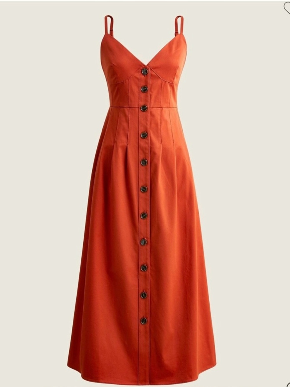 NWT - J Crew - Women’s Orange Button-Front Midi Twill Dress - Size 6